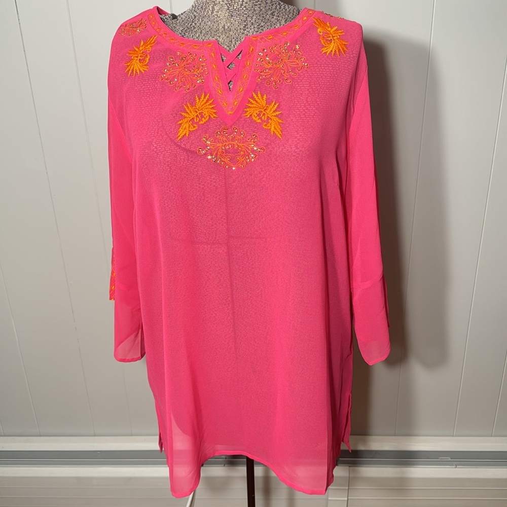 Susan Graver Womens Large Sheer Pink Bell Sleeve Cover Up Embroidery